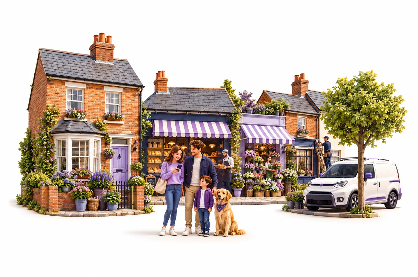 A family and their dog outside a British home, with a van parked nearby