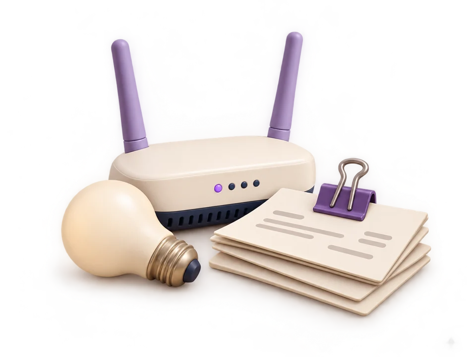 A router, light bulb and neatly stacked household bills