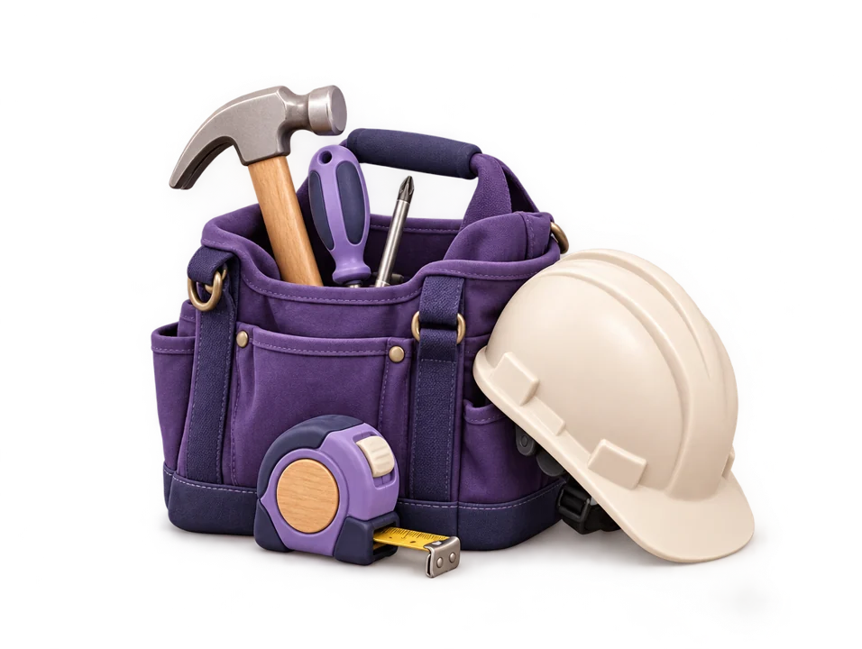 A purple tool bag with a hammer, screwdriver and safety helmet