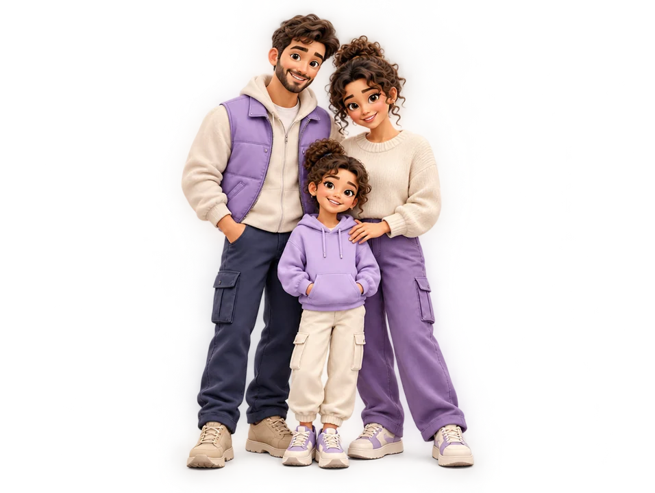 A smiling family of three in cream and lilac clothes
