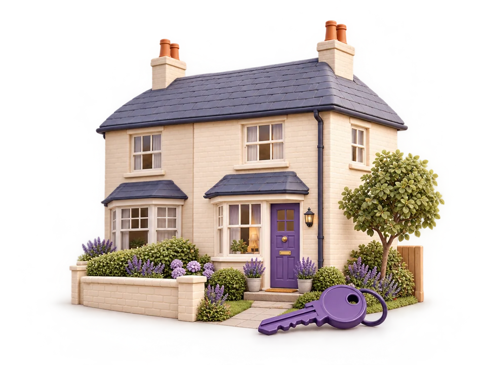 A little cream home with a purple front door and house key