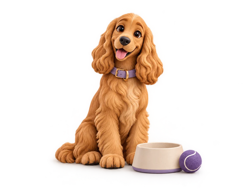 A golden dog with a purple collar, bowl and ball