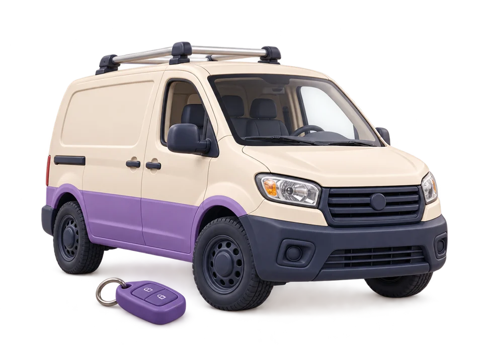 A cream and purple van with its key fob